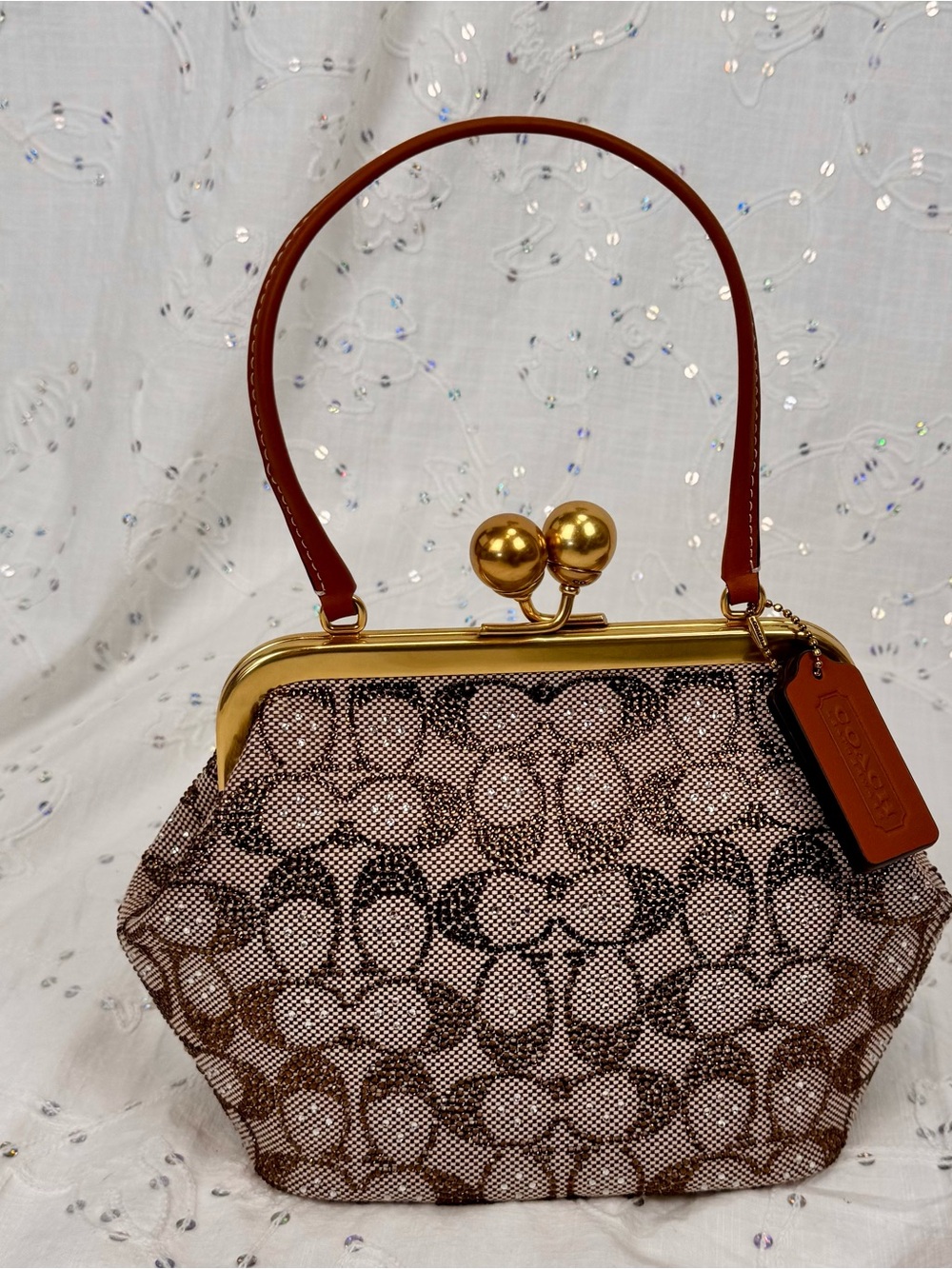 Coach Crystal Signature Brown Jacquard Kisslock 16 Bag - *NEW*